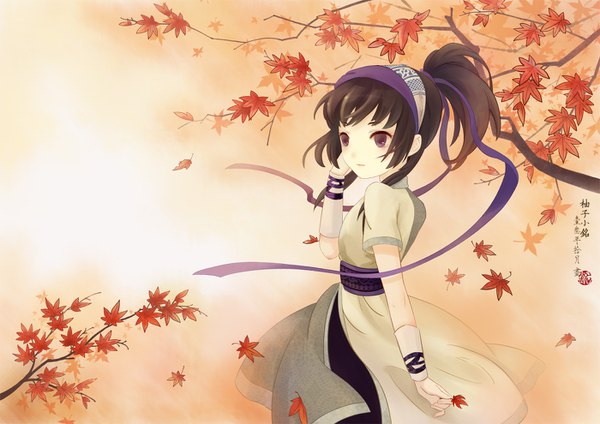 Anime picture 1400x990 with the legend of qin duanmu rong youzixiaoming single long hair black hair purple eyes looking away ponytail looking back hieroglyph adjusting hair glow girl dress ribbon (ribbons) hair ribbon leaf (leaves) autumn leaves maple leaf
