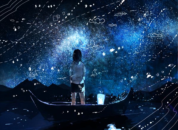 Anime picture 1000x733 with original yamato (aoiaoiao921) single long hair black hair standing outdoors from behind night night sky mountain milky way girl skirt miniskirt star (stars) watercraft paper lantern boat
