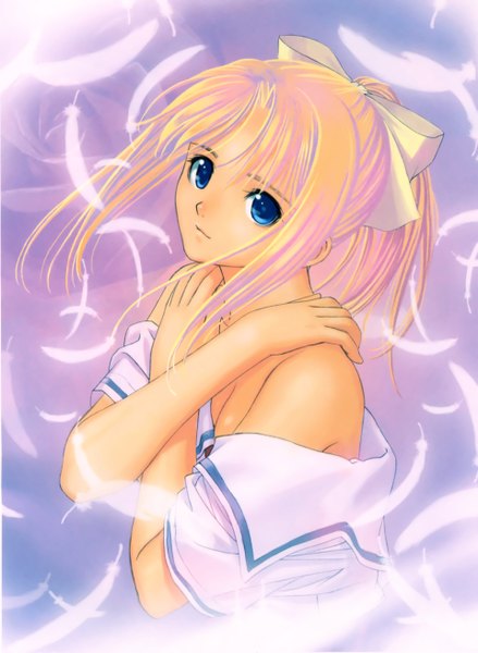 Anime picture 3838x5245 with after shiomiya kanami tony taka single long hair tall image looking at viewer highres blue eyes light erotic blonde hair bare shoulders absurdres ponytail crossed arms girl uniform ribbon (ribbons) hair ribbon school uniform
