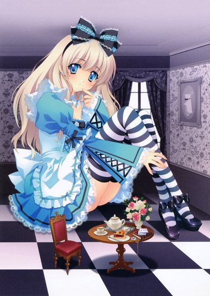 Anime picture 4037x5700 with alice in wonderland alice (wonderland) carnelian single long hair tall image highres blue eyes blonde hair absurdres finger to mouth girl thighhighs dress flower (flowers) bow hair bow frills window sweets