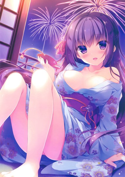 Anime picture 2528x3563 with original yukie (peach candy) single long hair tall image looking at viewer blush highres breasts open mouth light erotic purple eyes purple hair traditional clothes japanese clothes scan girl bow hair bow kimono