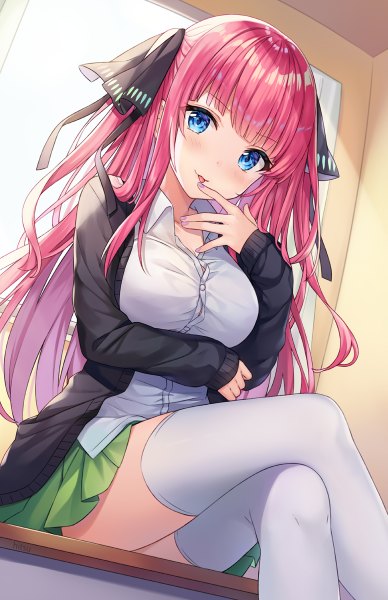 Anime picture 776x1200 with go-toubun no hanayome nakano nino hitsukuya single long hair tall image looking at viewer blush fringe breasts blue eyes smile sitting signed pink hair indoors blunt bangs nail polish pleated skirt open clothes