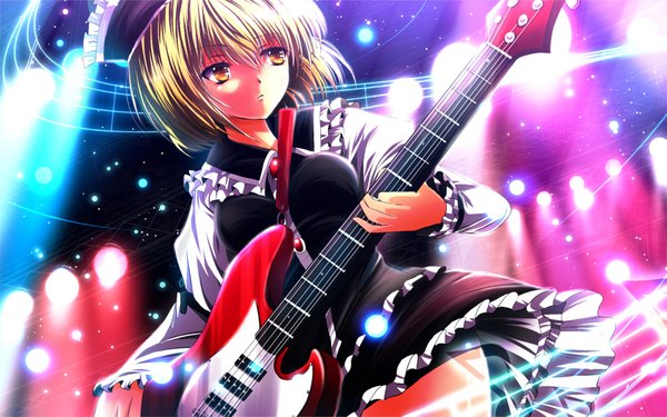 Anime picture 1920x1200 with touhou lunasa prismriver nekominase single highres short hair blonde hair wide image yellow eyes girl dress skirt miniskirt guitar bass guitar