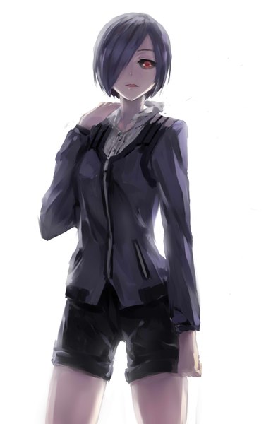 Anime picture 1000x1590 with tokyo ghoul studio pierrot kirishima touka ye (heroyexin) single tall image looking at viewer fringe short hair open mouth simple background red eyes standing white background purple hair hair over one eye black sclera girl shirt jacket
