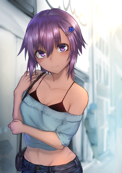 Anime picture 874x1239 with fate (series) fate/prototype: fragments of blue and silver fate/prototype hassan of serenity (fate) hekonda kan single tall image looking at viewer blush fringe short hair breasts light erotic smile hair between eyes standing purple eyes bare shoulders cleavage purple hair