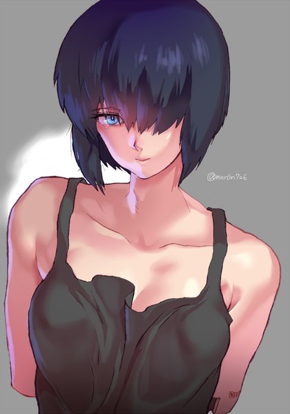 Anime picture 642x916 with ghost in the shell production i.g kusanagi motoko katsuoboshi single tall image looking at viewer fringe short hair blue eyes black hair simple background smile bare shoulders signed hair over one eye grey background girl android
