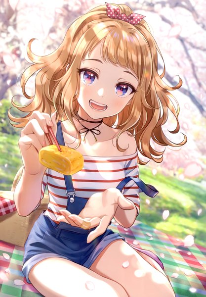 Anime picture 2406x3464 with original morikura en single long hair tall image looking at viewer blush fringe highres open mouth blue eyes blonde hair smile sitting holding outdoors :d fingernails blurry scan