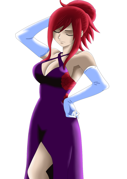 Anime picture 1024x1447 with fairy tail erza scarlet f4bl3-2 single long hair tall image breasts light erotic red hair eyes closed armpit (armpits) hand on hip coloring transparent background girl dress gloves elbow gloves