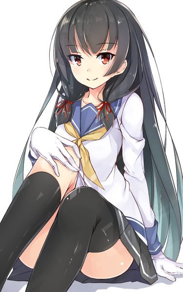 Anime picture 1000x1600 with kantai collection isokaze destroyer toki/ single long hair tall image looking at viewer fringe black hair simple background smile red eyes white background sitting twintails bent knee (knees) pleated skirt arm support shiny skin arm behind back