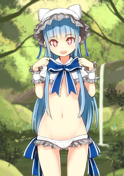 Anime picture 708x1000 with original nosuku single long hair tall image looking at viewer breasts open mouth light erotic red eyes blue hair flat chest + + girl navel underwear panties bow plant (plants) tree (trees)