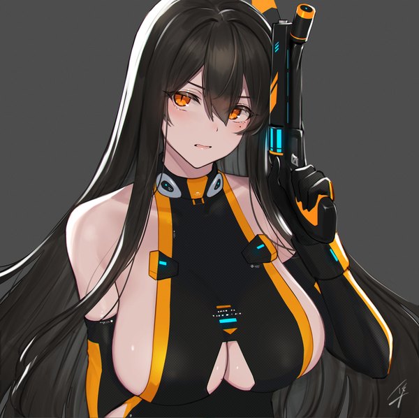 Anime picture 1280x1275 with original raiden (hayabusa) hayabusa single long hair looking at viewer blush fringe breasts light erotic black hair simple background hair between eyes large breasts bare shoulders holding cleavage upper body parted lips head tilt