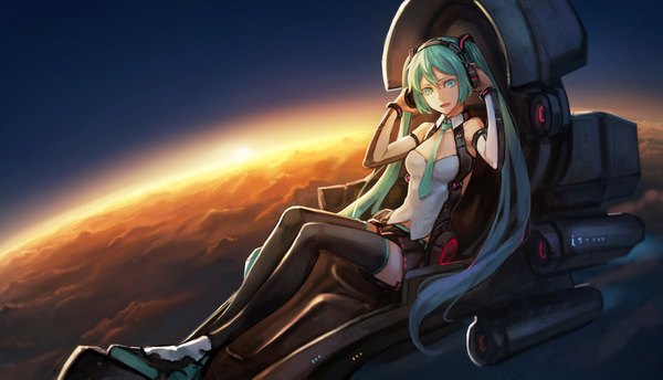 Anime picture 2000x1149 with vocaloid hatsune miku bryanth single long hair looking at viewer highres open mouth wide image sitting twintails cloud (clouds) aqua eyes aqua hair space hand on headphones sunrise girl thighhighs black thighhighs