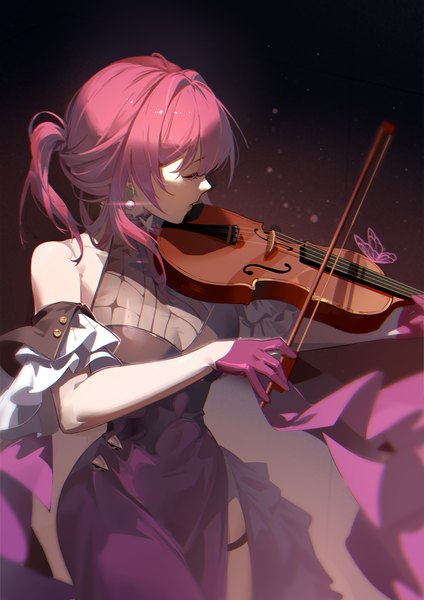 Anime picture 2480x3508 with honkai: star rail honkai (series) kafka (honkai: star rail) woodylixx single long hair tall image highres purple hair ponytail eyes closed profile official alternate costume playing instrument girl dress gloves detached sleeves insect butterfly