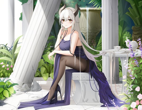 Anime picture 8132x6284 with original qing wu single looking at viewer blush fringe highres breasts light erotic hair between eyes large breasts sitting brown eyes absurdres full body very long hair arm up horn (horns) sparkle high heels