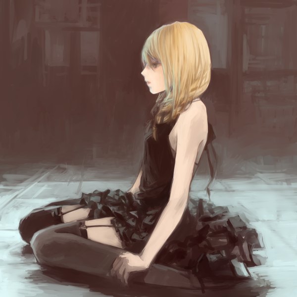 Anime picture 1300x1300 with original tsubu mikan single long hair blonde hair sitting bare shoulders looking away braid (braids) profile grey eyes girl thighhighs dress black thighhighs frills black dress tiles