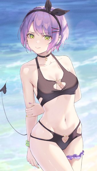 Anime picture 965x1704 with virtual youtuber hololive tokoyami towa nihnfinite8 single tall image short hair breasts light erotic standing green eyes looking away purple hair nail polish piercing turning head groin ear piercing hands behind back wrist scrunchie