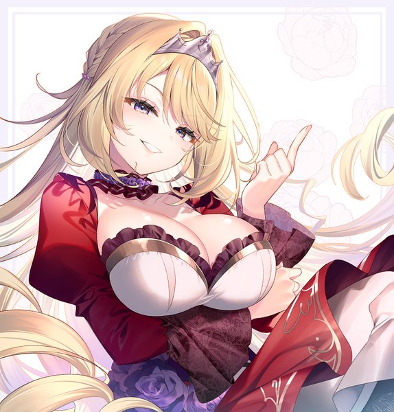 Anime picture 783x819 with hikikomari kyuuketsuki no monmon project no.9 karen helvetius riichu single long hair tall image looking at viewer breasts light erotic blonde hair smile large breasts purple eyes cleavage upper body grin border outside border breast hold