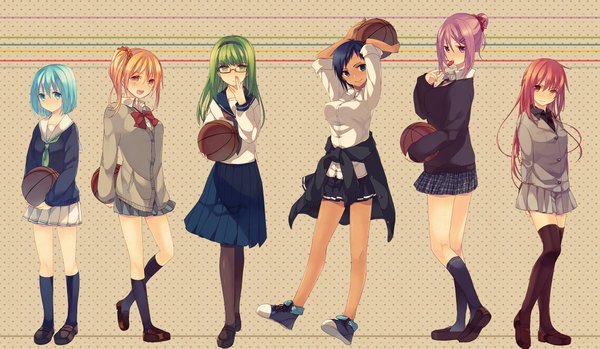 Anime picture 2000x1165 with kuroko no basket production i.g kuroko tetsuya kise ryouta aomine daiki akashi seijuurou midorima shintarou murasakibara atsushi namiri long hair looking at viewer blush highres short hair breasts open mouth blue eyes blonde hair smile wide image