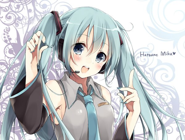 Anime picture 1110x840 with vocaloid hatsune miku toosaka asagi single long hair looking at viewer blush open mouth smile twintails bare shoulders aqua eyes aqua hair text girl detached sleeves necktie headphones