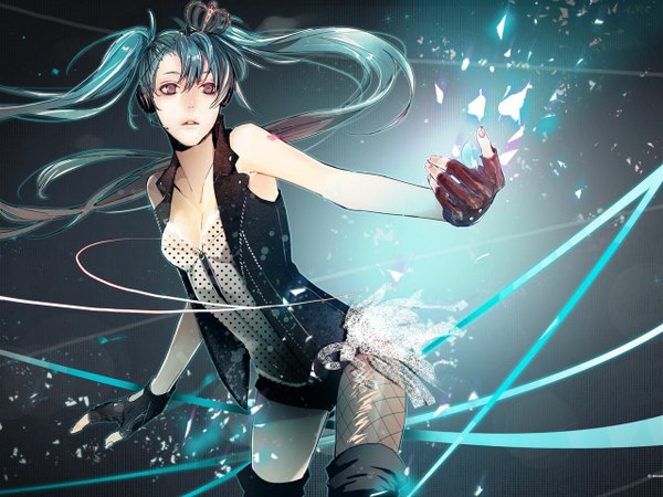 Anime picture 1280x960 with vocaloid hatsune miku single long hair standing purple eyes twintails bare shoulders brown eyes wind aqua hair tattoo sleeveless dark background polka dot girl thighhighs gloves black thighhighs pantyhose