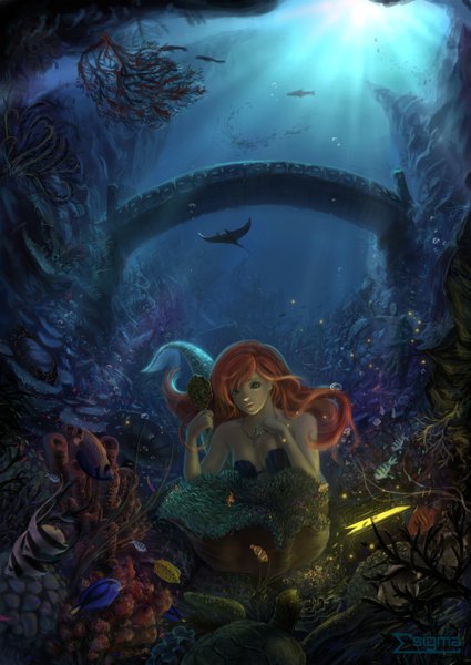 Anime picture 1806x2549 with sigma (kyouniyan) hositutu single long hair tall image fringe highres light erotic holding green eyes red hair lips sunlight underwater glow girl plant (plants) animal lingerie bra