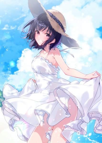 Anime picture 1190x1670 with original umiko (munemiu) single tall image looking at viewer blush fringe short hair black hair smile purple eyes bare shoulders sky cloud (clouds) outdoors beach grin dress lift girl dress