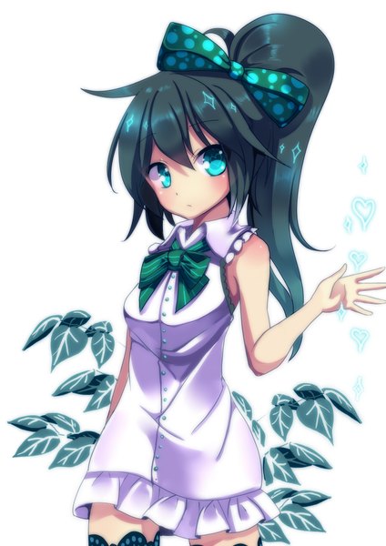 Anime picture 1446x2046 with original nyori single long hair tall image looking at viewer blue eyes black hair simple background white background ponytail girl dress bow hair bow leaf (leaves)