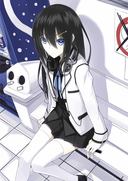 Anime picture 1200x1696 with original kauto single long hair tall image looking at viewer blue eyes black hair sitting girl thighhighs skirt white thighhighs headphones
