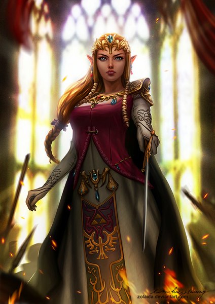 Anime picture 777x1100 with the legend of zelda princess zelda zolaida (artist) single long hair tall image looking at viewer blonde hair lips pointy ears realistic grey eyes triforce girl dress weapon earrings sword