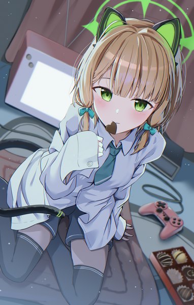 Anime picture 1940x3044 with blue archive midori (blue archive) cac itinose single tall image looking at viewer blush highres short hair blonde hair sitting holding green eyes animal ears tail long sleeves animal tail cat ears cat girl cat tail
