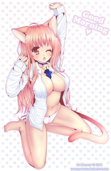 Anime picture 1000x1541 with original meawsy long hair tall image blush breasts open mouth light erotic red eyes large breasts animal ears pink hair one eye closed wink cat ears open clothes cat girl cat tail open shirt girl