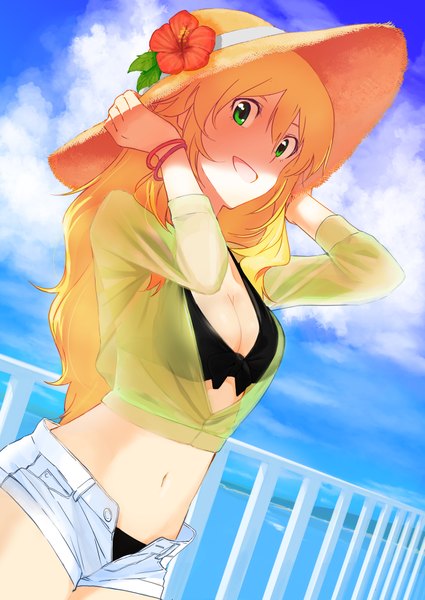 Anime picture 2953x4169 with idolmaster idolmaster (classic) hoshii miki gulim single long hair tall image looking at viewer blush highres breasts open mouth light erotic blonde hair smile green eyes sky cleavage cloud (clouds) bare belly