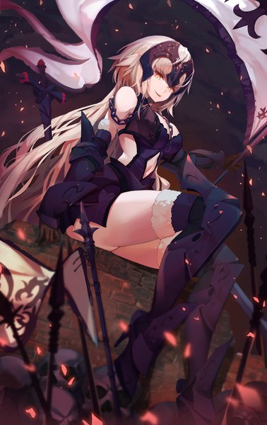 Anime picture 1262x2000 with fate (series) fate/grand order jeanne d'arc (fate) (all) jeanne d'arc alter (fate) jeanne d'arc alter (avenger) (third ascension) (fate) munseonghwa single long hair tall image looking at viewer fringe breasts open mouth light erotic smile hair between eyes sitting holding yellow eyes cleavage