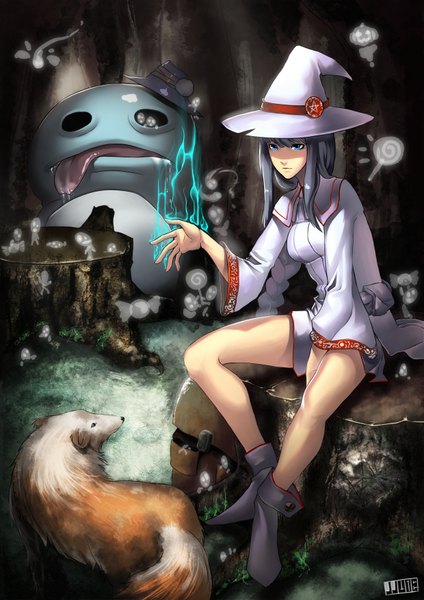 Anime picture 1240x1754 with original jjune long hair tall image blue eyes black hair witch girl hat animal boots tongue witch hat dog