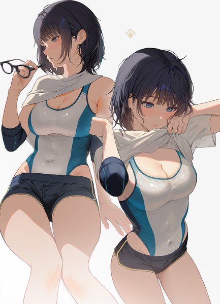 Anime-Bild 2445x3386 mit original tokkihouse tall image blush fringe highres short hair blue eyes light erotic black hair simple background white background holding looking away blunt bangs mole arms up mole under eye covered navel multiview