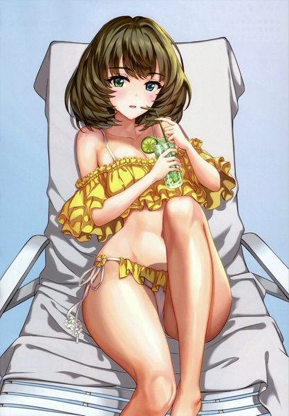 Anime picture 4853x6974 with idolmaster idolmaster cinderella girls takagaki kaede hhama single tall image looking at viewer blush fringe highres short hair breasts open mouth blue eyes light erotic simple background brown hair green eyes absurdres bent knee (knees)