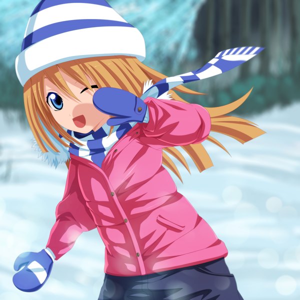 Anime picture 3000x3000 with choujigen game neptune ram (choujigen game neptune) tremblax single long hair highres open mouth blue eyes blonde hair smile one eye closed wink blurry depth of field coloring winter snow girl scarf cap