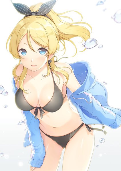 Anime picture 640x908 with love live! school idol project sunrise (studio) love live! ayase eli 6u (eternal land) single long hair tall image looking at viewer blush fringe breasts open mouth blue eyes light erotic simple background blonde hair large breasts bare shoulders ponytail