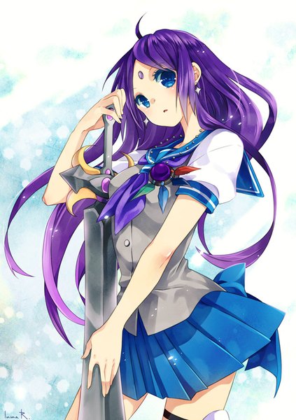 Anime picture 650x922 with original inma r. single long hair tall image blush blue eyes simple background holding signed payot purple hair ahoge parted lips pleated skirt :o short sleeves girl skirt uniform