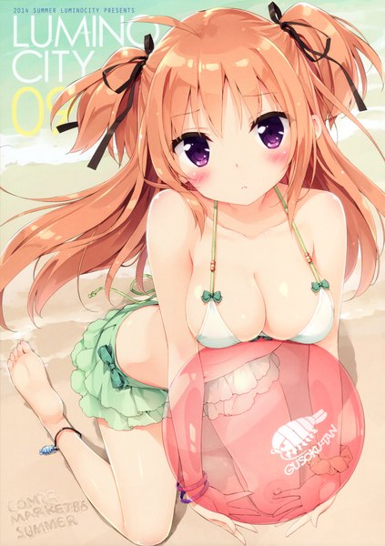 Anime picture 2850x4041 with original tachibana karen kani biimu single long hair tall image looking at viewer blush highres breasts light erotic blonde hair purple eyes twintails ahoge barefoot from above beach wrist scrunchie 2014