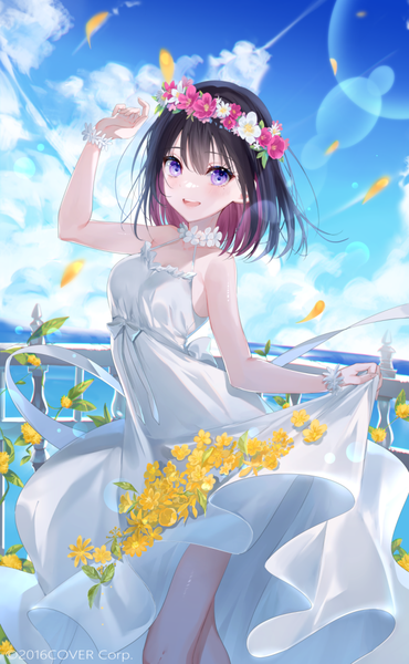 Anime picture 708x1149 with virtual youtuber hololive azki (hololive) miwano rag single tall image looking at viewer blush fringe short hair open mouth black hair smile hair between eyes standing purple eyes sky cloud (clouds) outdoors :d