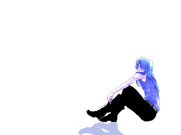 Anime picture 1280x960 with macross macross frontier saotome alto single long hair simple background white background sitting blue hair ponytail from behind shadow sleeveless pale skin boy thigh boots jeans