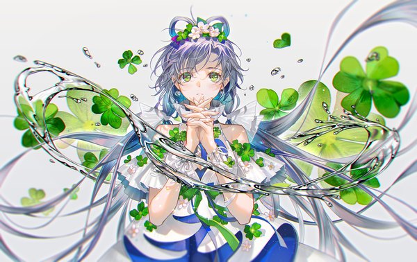 Anime picture 2000x1259 with vocaloid vocaloid china luo tianyi tidsean single looking at viewer fringe highres simple background standing white background bare shoulders green eyes very long hair parted lips hair flower grey hair floating hair holding hands interlocked fingers