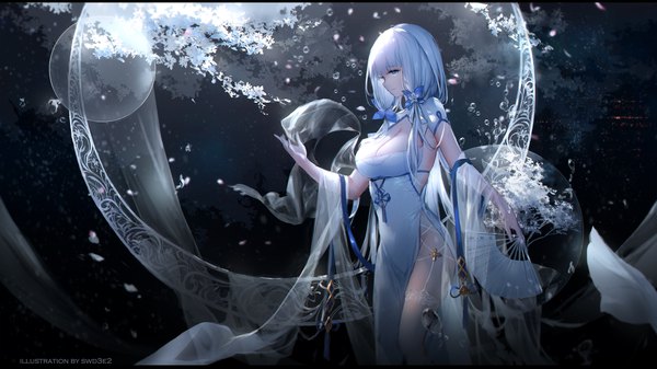 Anime-Bild 2160x1215 mit azur lane illustrious (azur lane) illustrious (maiden lily's radiance) (azur lane) swd3e2 single long hair fringe highres breasts blue eyes light erotic wide image large breasts standing signed cleavage white hair blunt bangs traditional clothes profile
