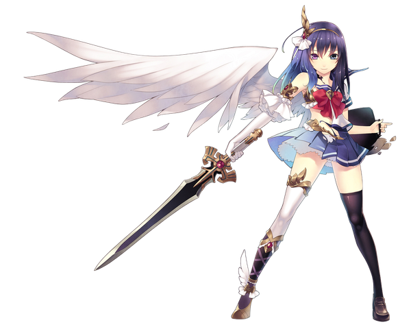 Anime picture 1135x909 with original hirano katsuyuki single looking at viewer short hair black hair smile bare shoulders blue hair full body multicolored hair bare belly heterochromia transparent background angel wings magical girl single wing girl thighhighs dress