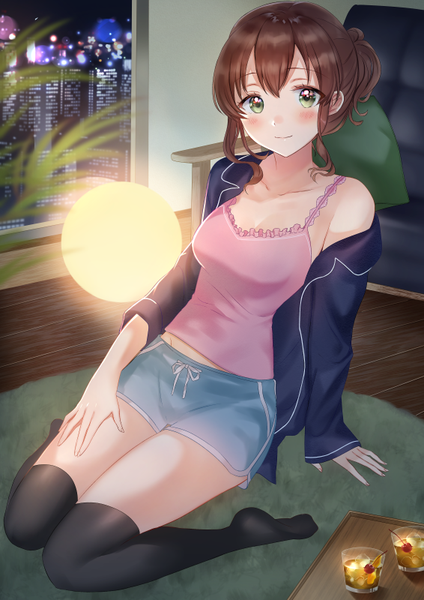Anime picture 566x800 with original niwata0 single tall image looking at viewer blush fringe short hair breasts smile hair between eyes brown hair sitting green eyes payot full body bent knee (knees) indoors long sleeves off shoulder