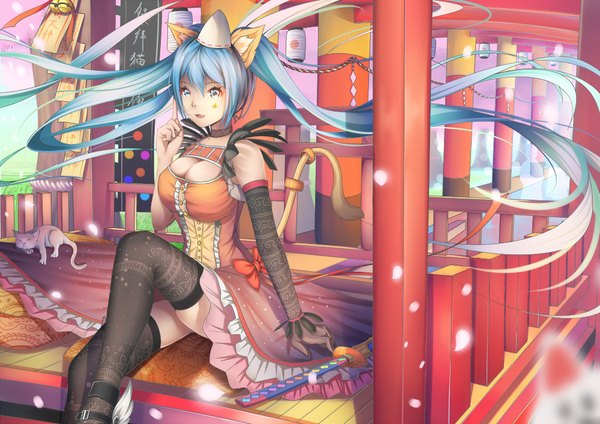Anime picture 1000x707 with vocaloid hatsune miku kr (sapphire) single looking at viewer blue eyes sitting twintails animal ears blue hair tail very long hair animal tail girl thighhighs dress gloves black thighhighs animal black gloves