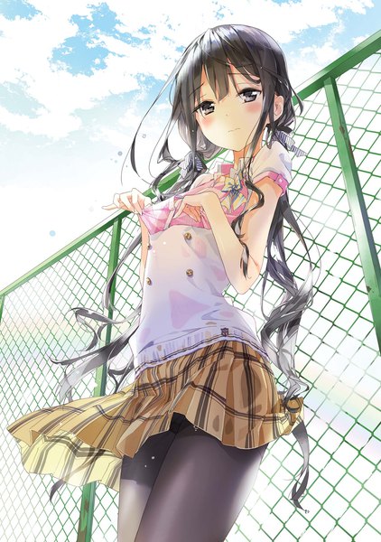 Anime picture 1352x1920 with masamune-kun no revenge silver link adagaki aki tiv single long hair tall image looking at viewer blush fringe light erotic black hair hair between eyes twintails payot sky cloud (clouds) outdoors pleated skirt black eyes