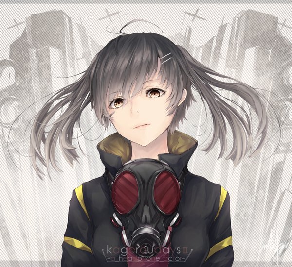 Anime picture 1789x1642 with kagerou project shaft (studio) enomoto takane marumoru single long hair looking at viewer highres brown eyes upper body ahoge grey hair inscription girl hair ornament jacket hairclip building (buildings) gas mask