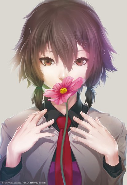 Anime picture 800x1162 with original nilitsu single tall image looking at viewer fringe short hair simple background hair between eyes brown hair twintails brown eyes upper body grey background low twintails short twintails girl hair ornament flower (flowers) shirt
